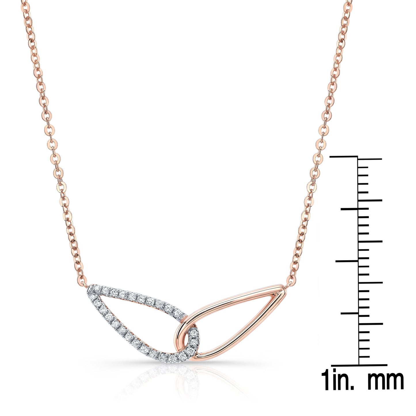 Diamond Pave And High Polish Teardrop Interlink Necklace in 14K Rose Gold, 16-18 Inch – front view | RockHer