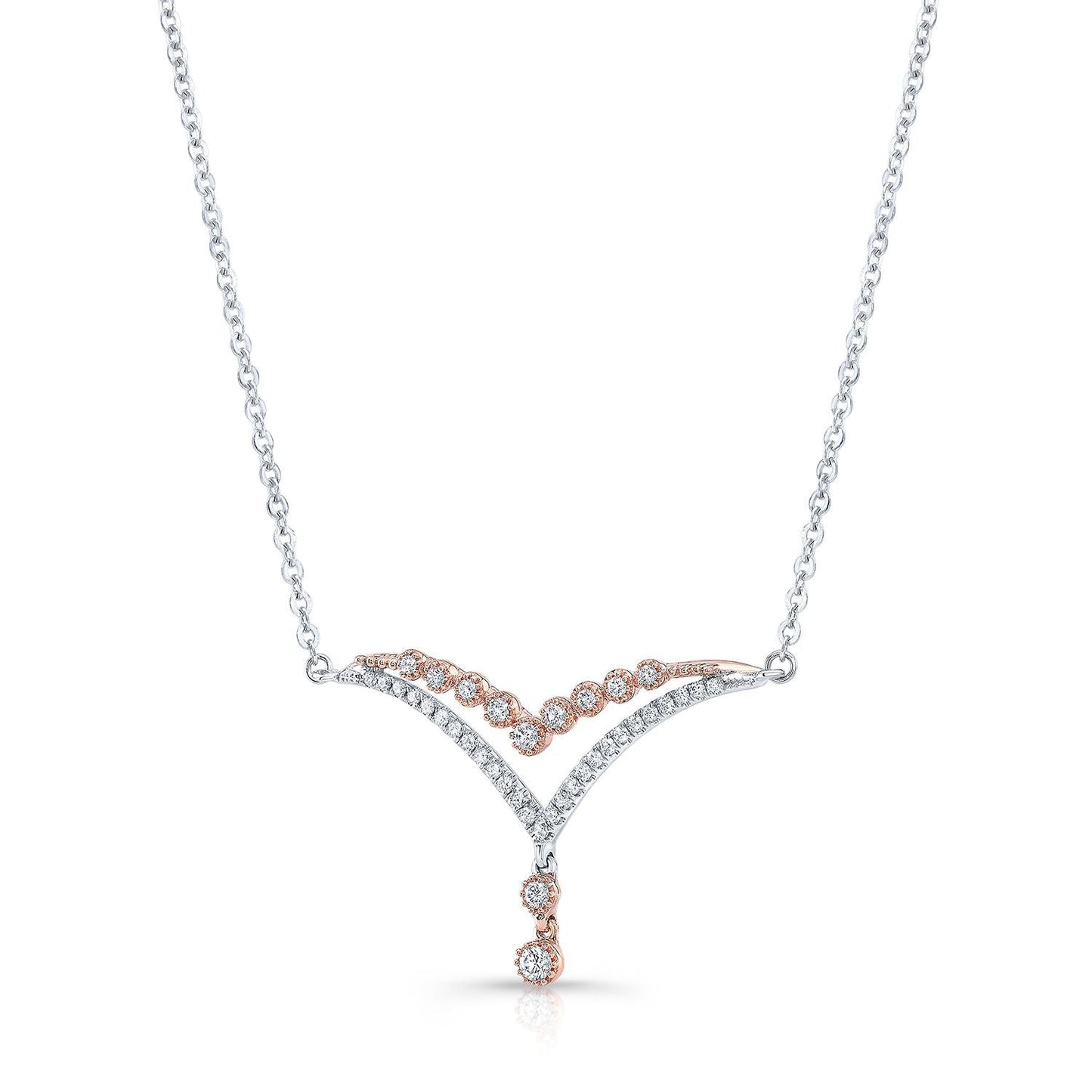 Diamond Pave And Prong Double Chevron Necklace In 14k White And Rose Gold, 16-18 Inch – side profile | RockHer