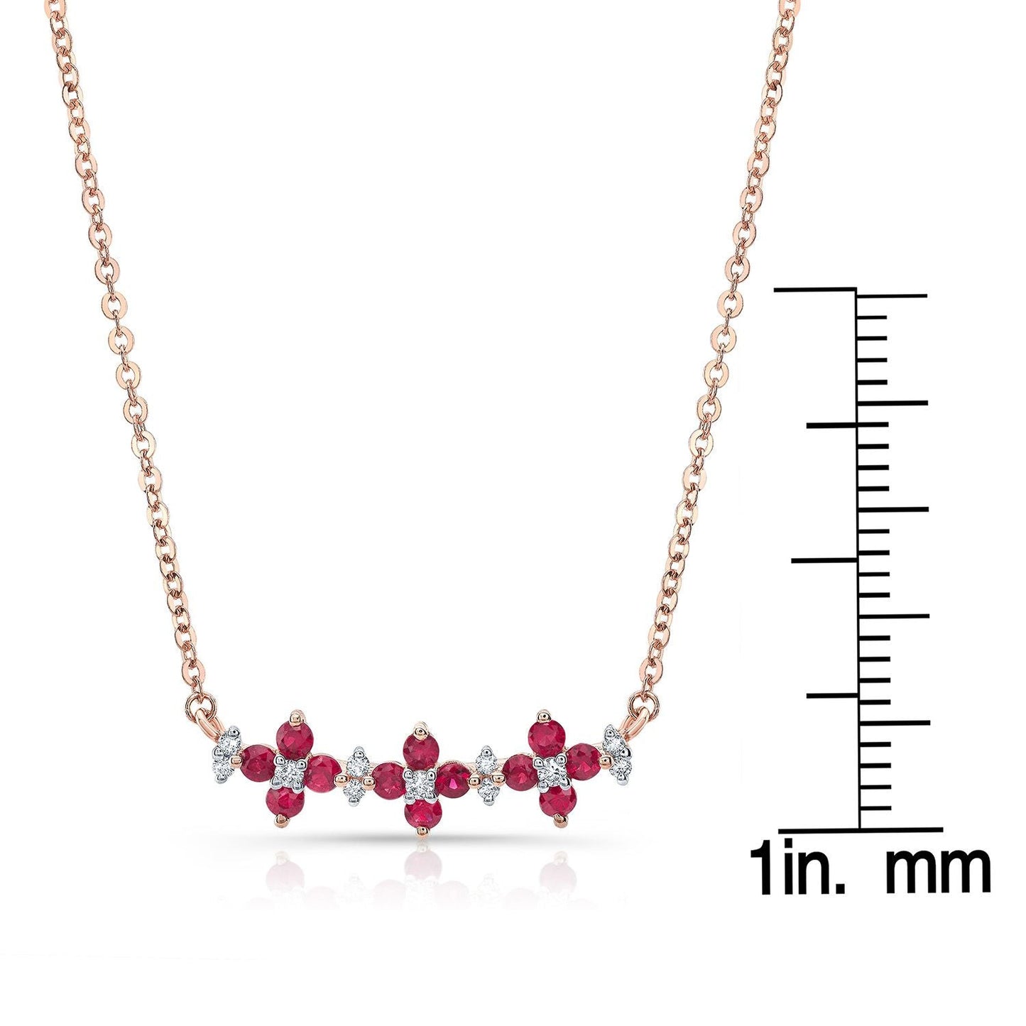 Ruby And Diamond Triple Floral Necklace In 14k Rose Gold