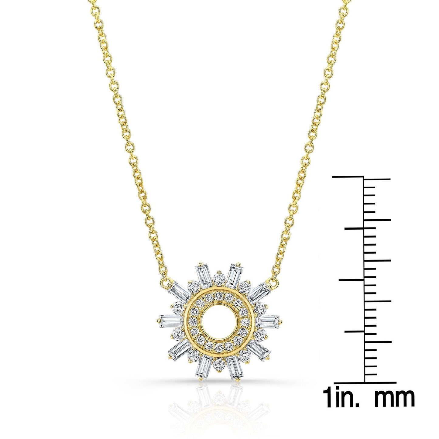 Diamond Round And Straight Baguette Starburst Necklace in 14K Yellow Gold – front view | RockHer