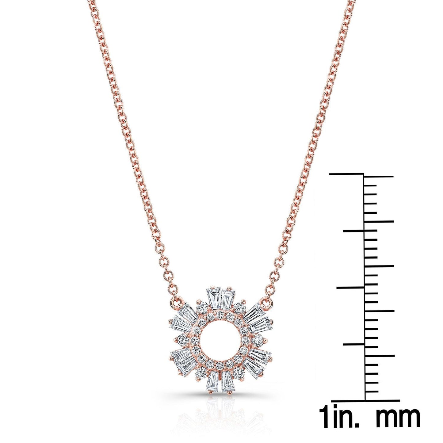 Diamond Pave Circle And Tapered Baguette Starburst Necklace in 14K Rose Gold – front view | RockHer