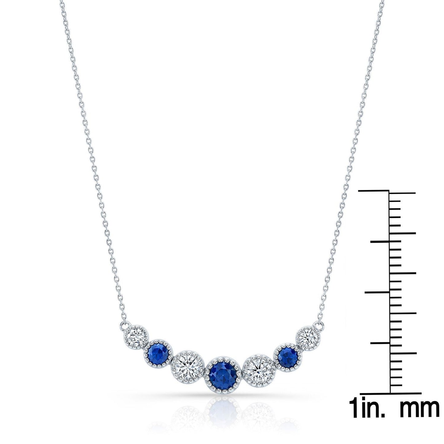 Sapphire And Diamond Graduated 7-stone Necklace With Millgrained Edging In 14k White Gold