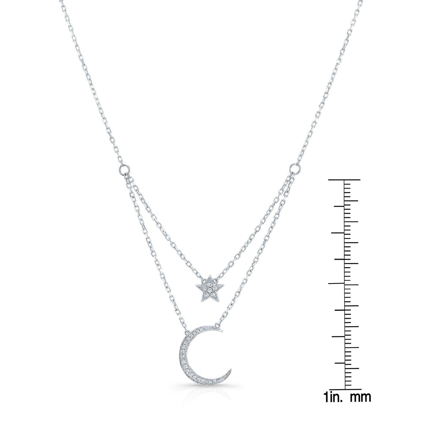 Diamond Star And Moon Layered Necklace in 14K White Gold, 16-18 Inch Adj Chain – front view | RockHer