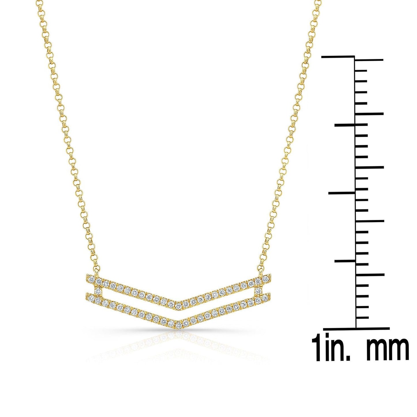 Diamond Micro-prong Set Double Chevron Necklace in 14K Yellow Gold – scale reference | RockHer