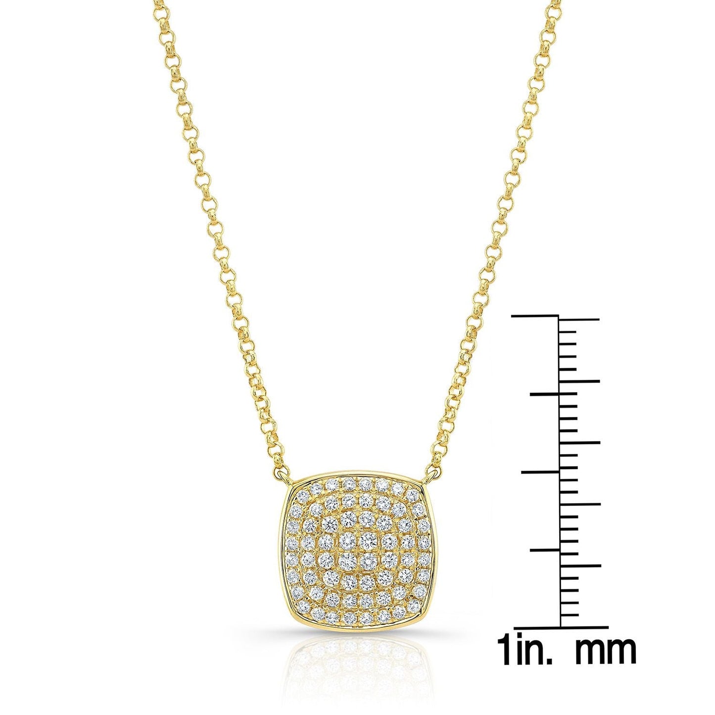 Diamond Pave Rounded Square Disk Necklace in 14K Yellow Gold – scale reference | RockHer