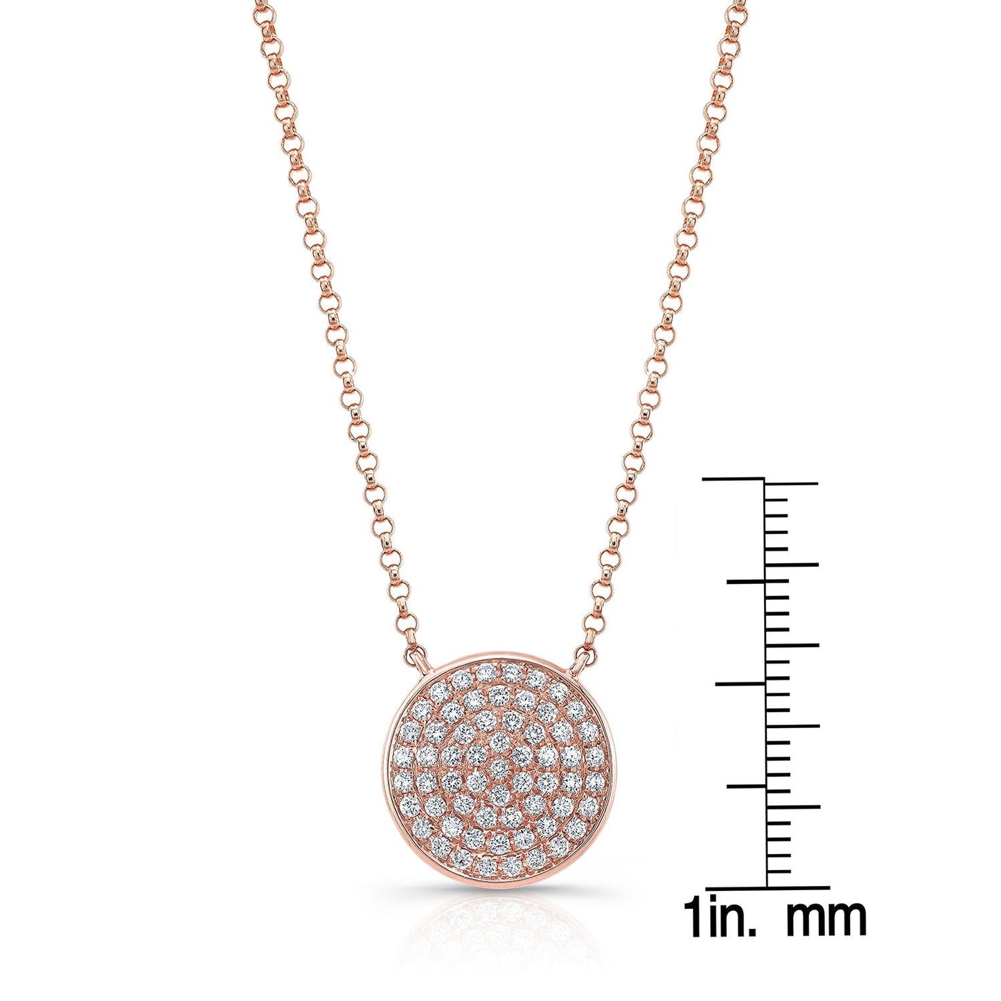 Diamond Pave Round Disk Necklace in 14K Rose Gold – scale reference | RockHer