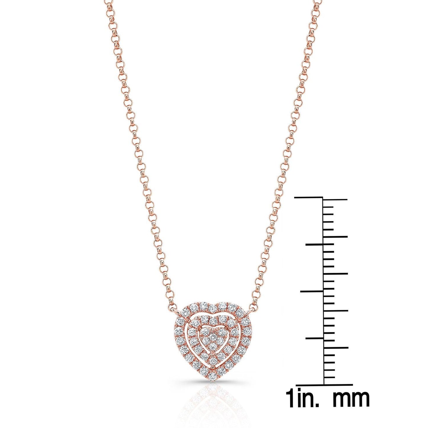 Diamond Heart Cluster Necklace With Pave Double Border in 14K Rose Gold – scale reference | RockHer