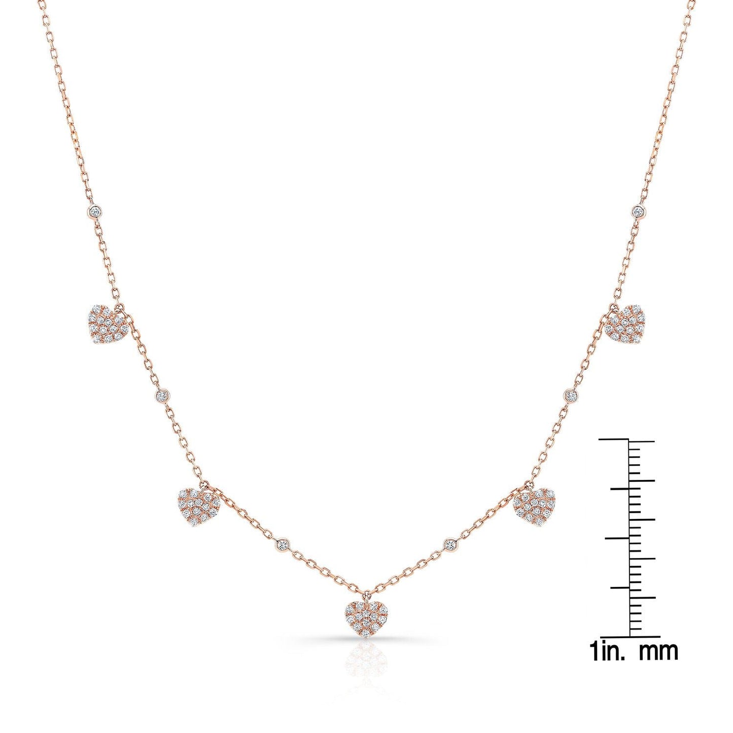 Diamond Pave Dangling 5-heart Station Necklace in 14K Rose Gold, 16-18 Adj Chn – scale reference | RockHer