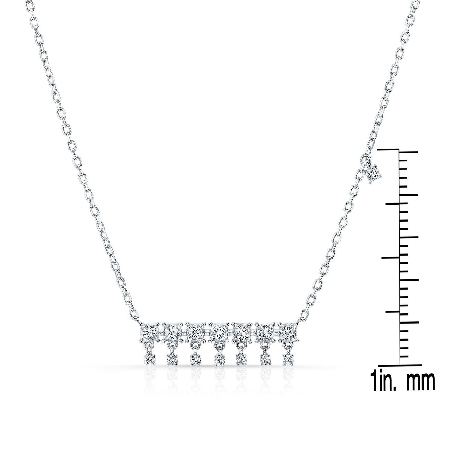 Diamond Princess Cut And Round Fringe Bar Necklace in 14K White Gold, 16-18 Inch Adj Chain – front view | RockHer