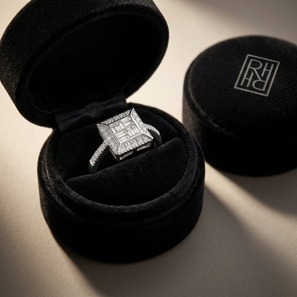 Diamond Baguette Mosaic Geometric Ring in 18K White Gold - presentation