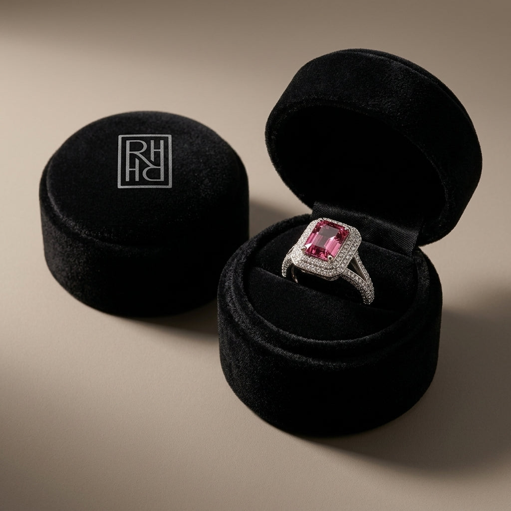 Pink Tourmaline Ring with Pave Diamond Halo & Split Shank in 18K White Gold - presentation