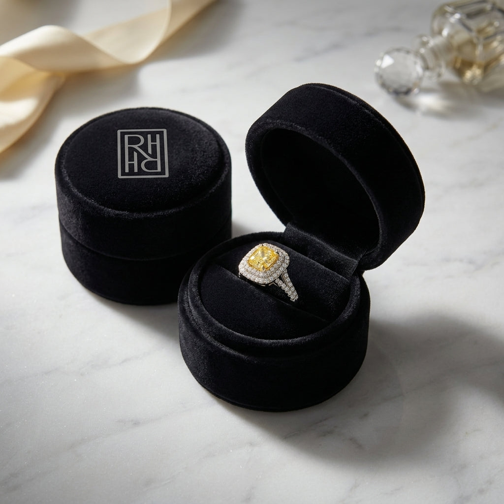 Yellow Sapphire Cushion & Diamond Ring in 18K White Gold - presentation