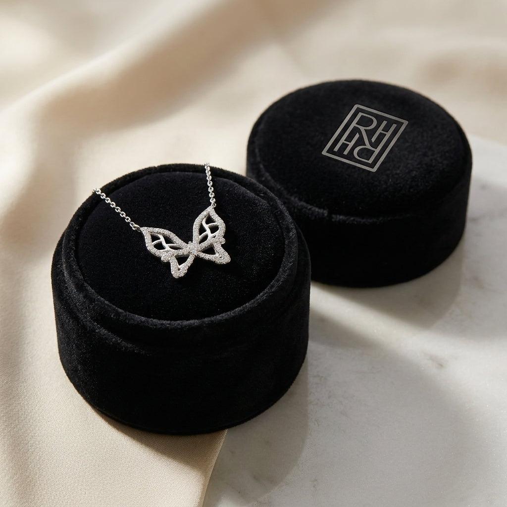 Diamond Floating Butterfly Necklace 1/10ctw 17in Cable Chain in 18K White Gold - presentation