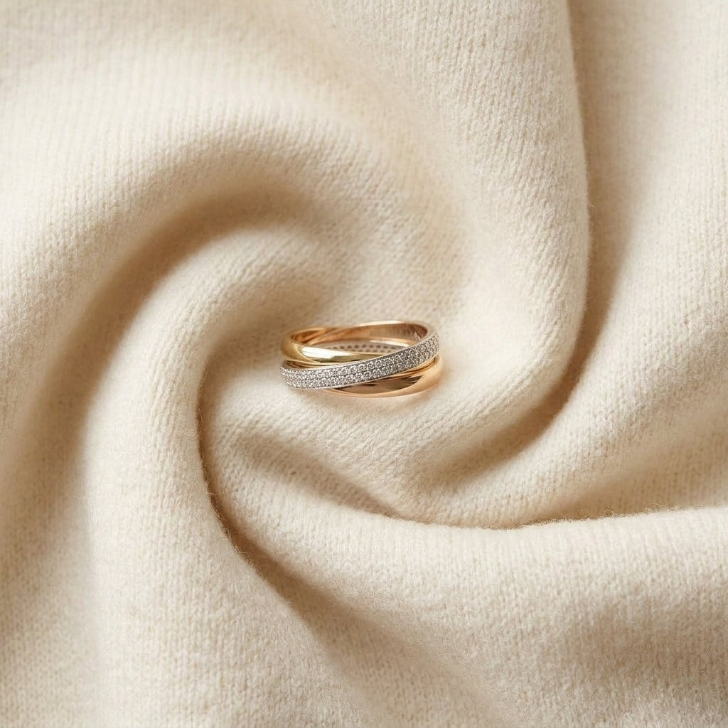 Round Pave Diamond Overlap Tri-Band in 14K White, Yellow & Rose Gold in 14K White Gold - flat lay