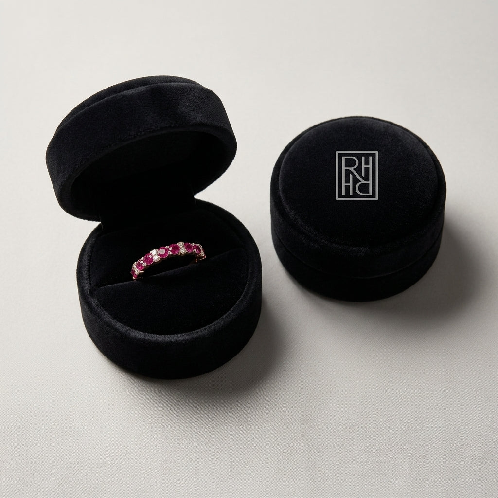 Ruby & Diamond Single Row Prong-Set Band in 14K Rose Gold - presentation