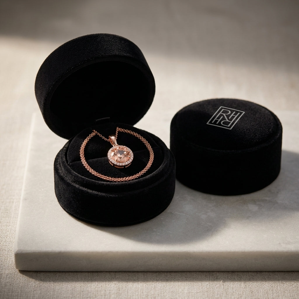 Morganite & Diamond Halo Pendant in 14K Rose Gold - presentation