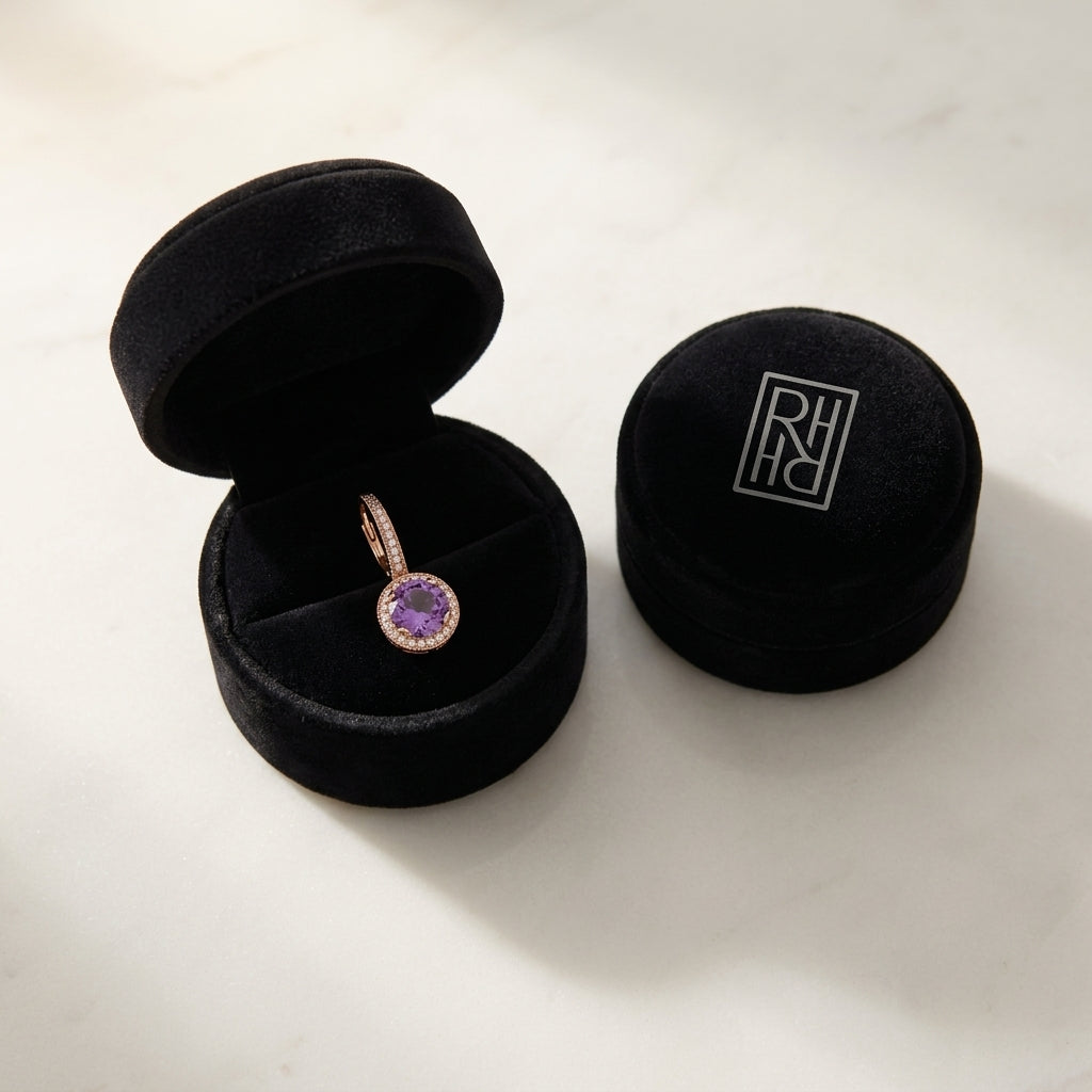 Amethyst & Diamond Round Halo Antique Finish Dangle Earrings in 14K Rose Gold - presentation