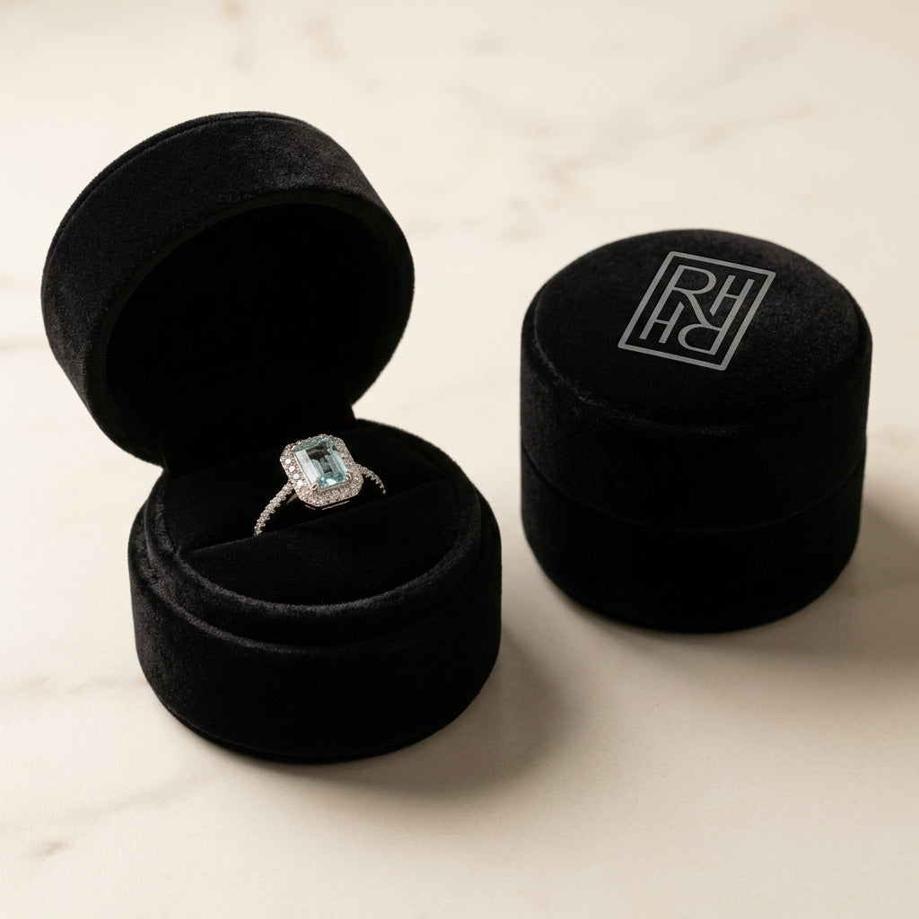 Aquamarine Emerald Cut Halo Ring in 14K White Gold - presentation