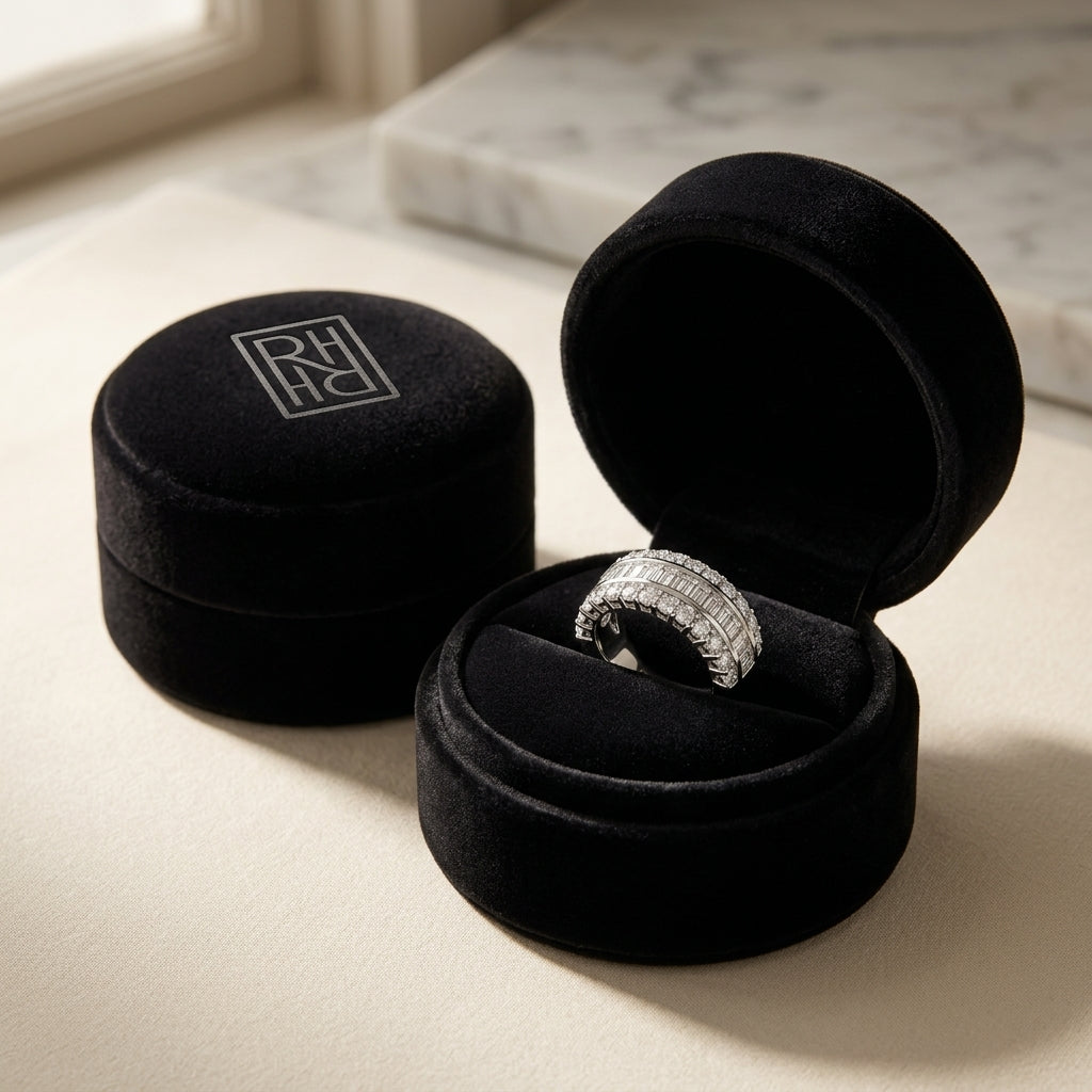 Diamond Baguette Channel & Round Prong Band in 14K White Gold - presentation