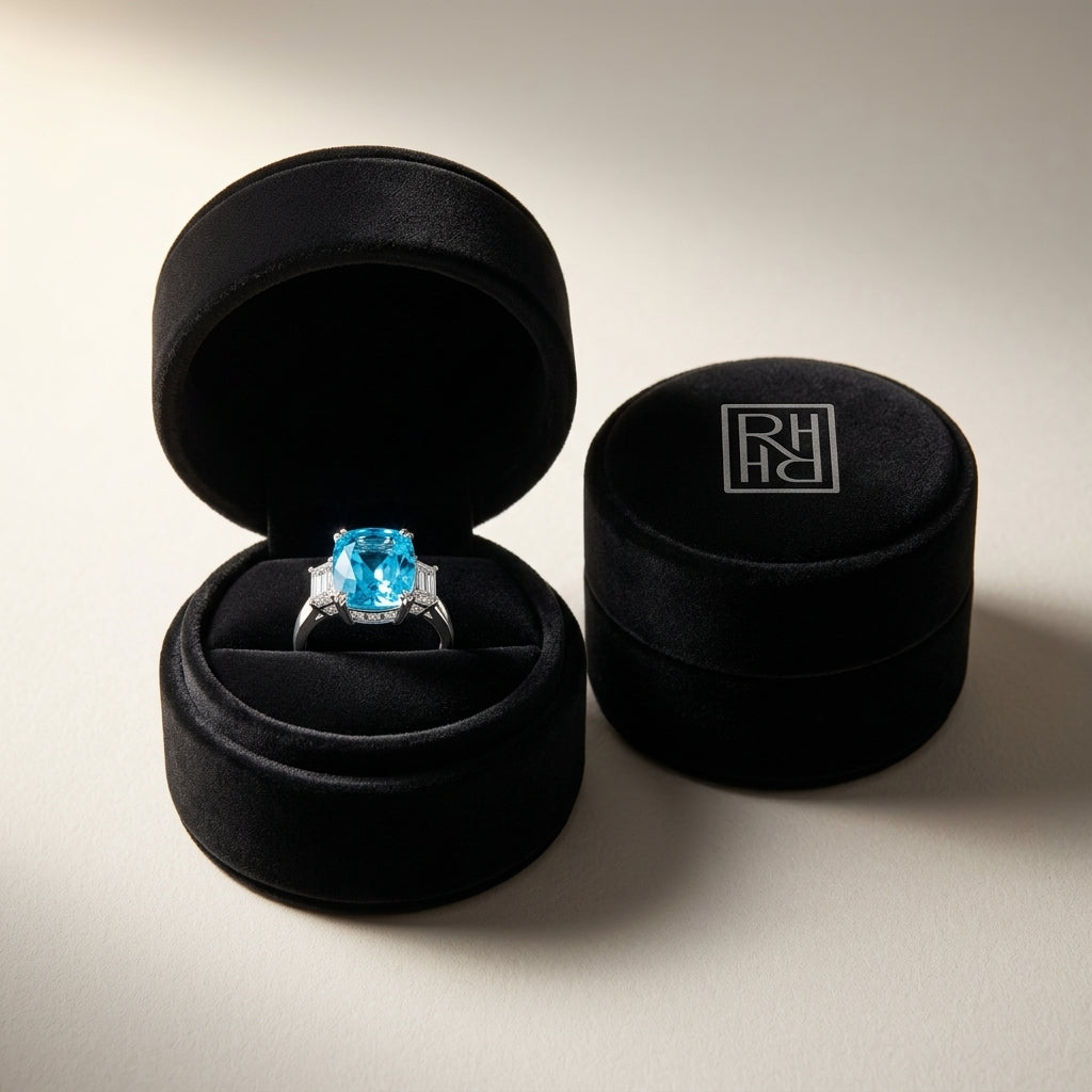 Swiss Blue Topaz & Diamond Step Ring 0.03ctw in 14K White Gold - presentation
