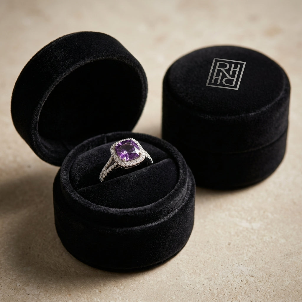 Amethyst & Diamond Halo Ring 0.20ctw in 14K White Gold - presentation