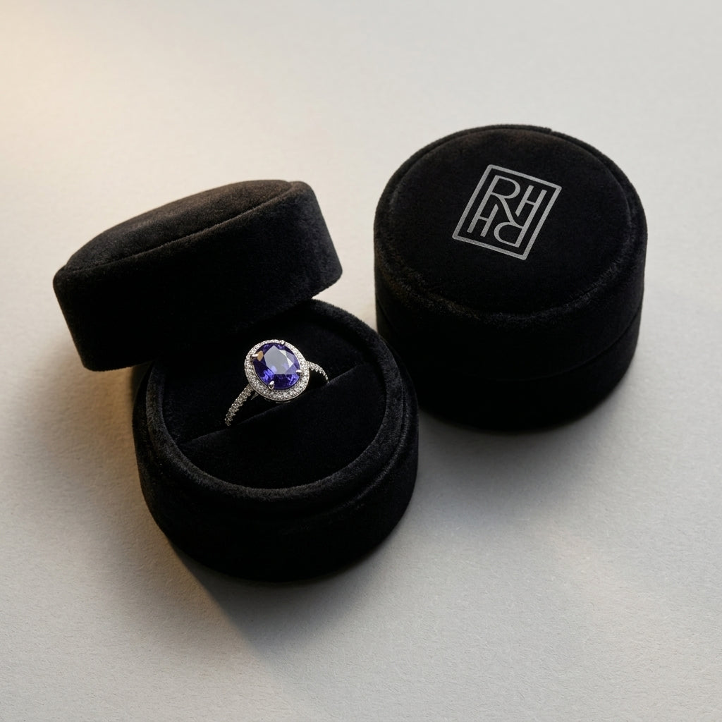 Iolite & Diamond Oval Halo Ring in 14K White Gold - presentation
