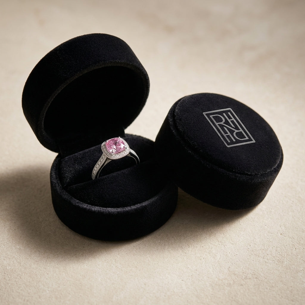 Pink Sapphire & Diamond Halo Ring in 14K White Gold - presentation