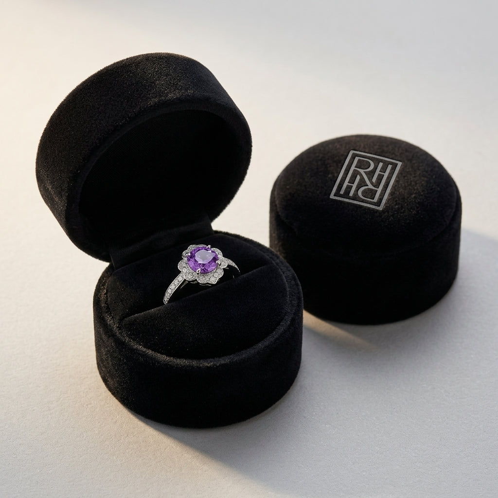 Pink Sapphire & Diamond Floral Halo Ring in 14K White Gold - presentation