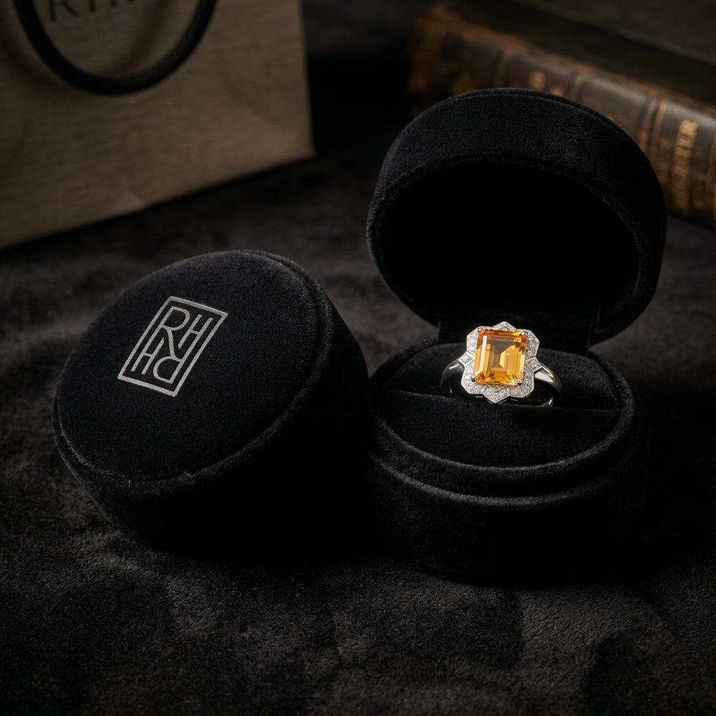 Citrine Emerald Cut & Diamond Ring in 14K White Gold - presentation