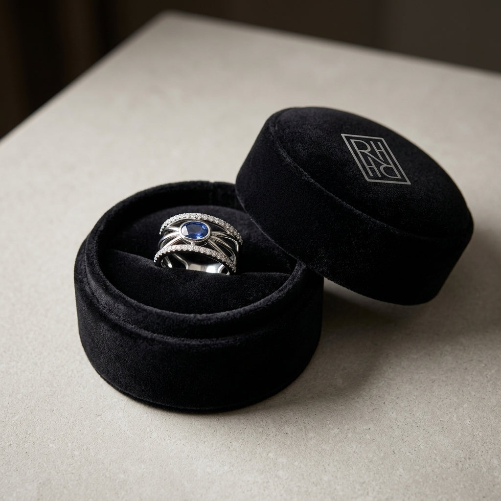 Sapphire & Diamond Open Work Ring in 14K White Gold - presentation