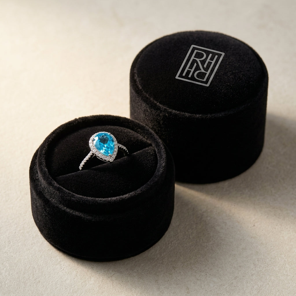 Blue Topaz & Diamond Pear Shape Halo Ring in 14K White Gold - presentation