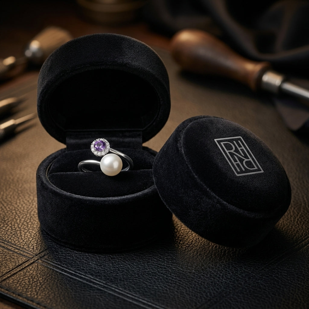 Freshwater Pearl Amethyst & Diamond Twist Shank Ring in 14K White Gold - presentation