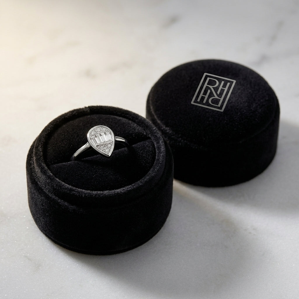 Diamond Round & Baguette Pear Shape Composite Ring in 14K White Gold - presentation