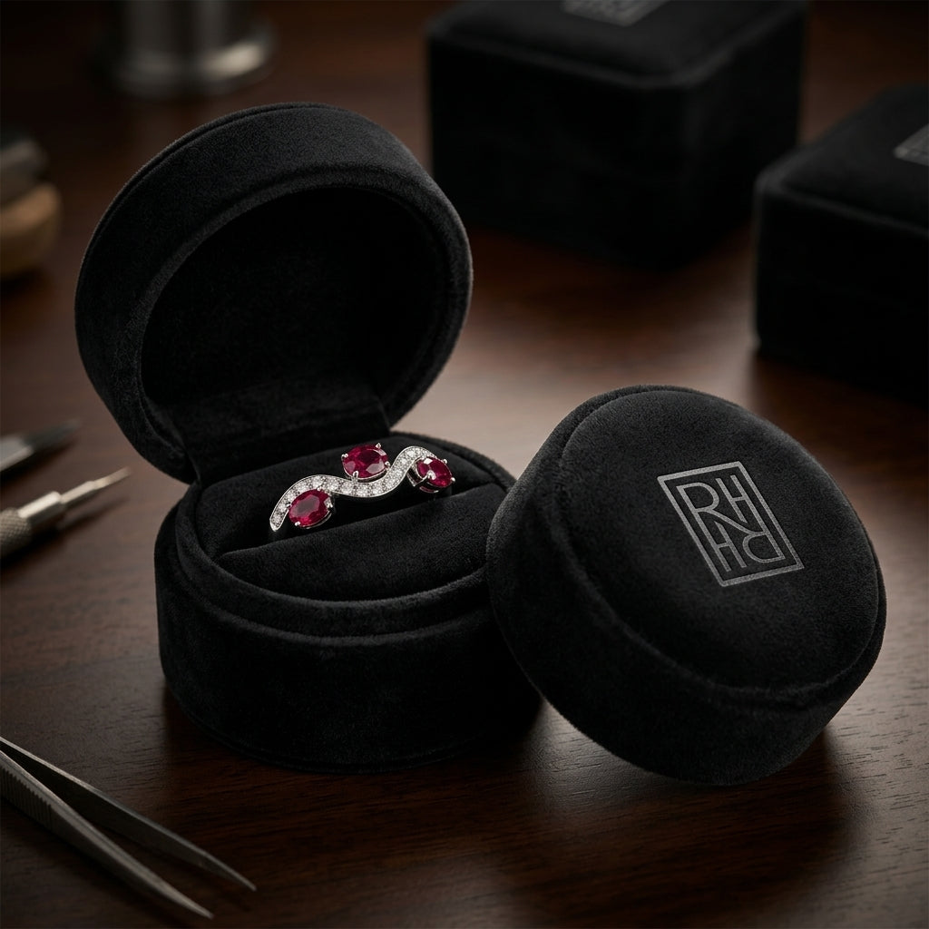 Garnet & Diamond Wave Ring 1/6ctw in 14K White Gold - presentation