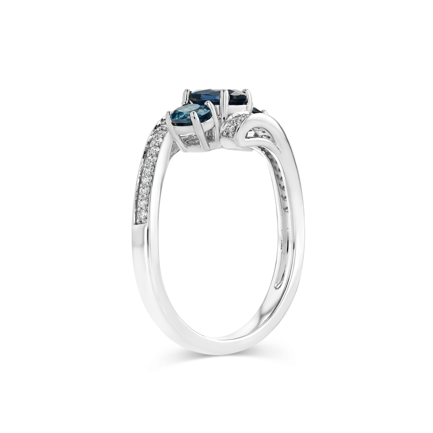 London Blue Topaz Three Stone Swirl Ring, in 14K White Gold – detail view | RockHer