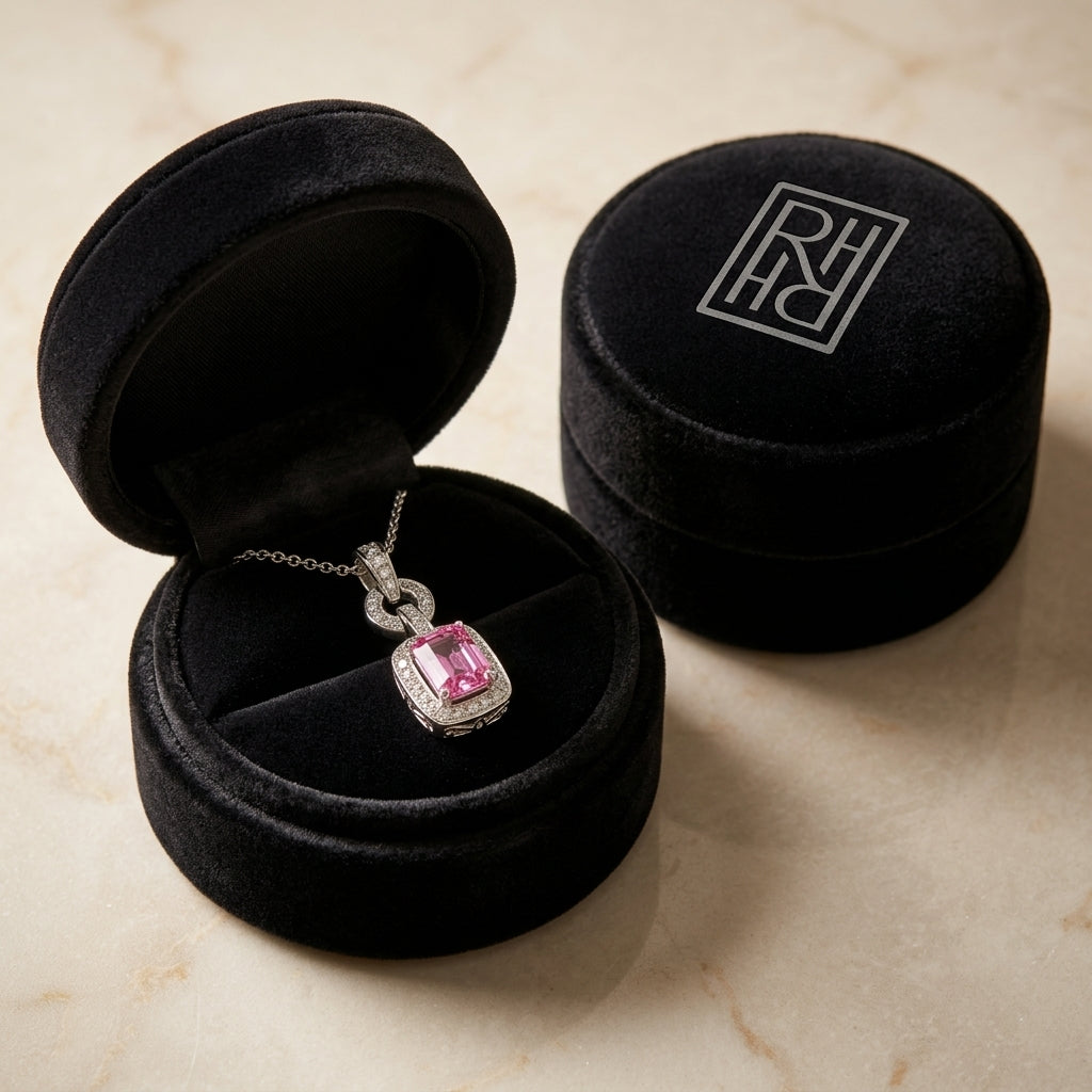 Pink Sapphire & Diamond Mini Doorknocker Pendant in 14K White Gold - presentation