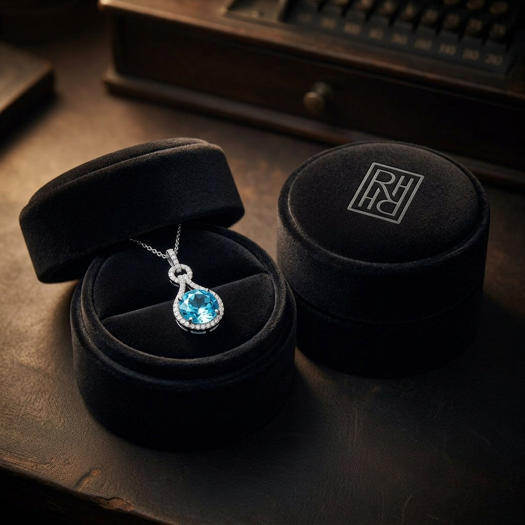 Blue Topaz & Diamond Doorknocker Pendant in 14K White Gold - presentation