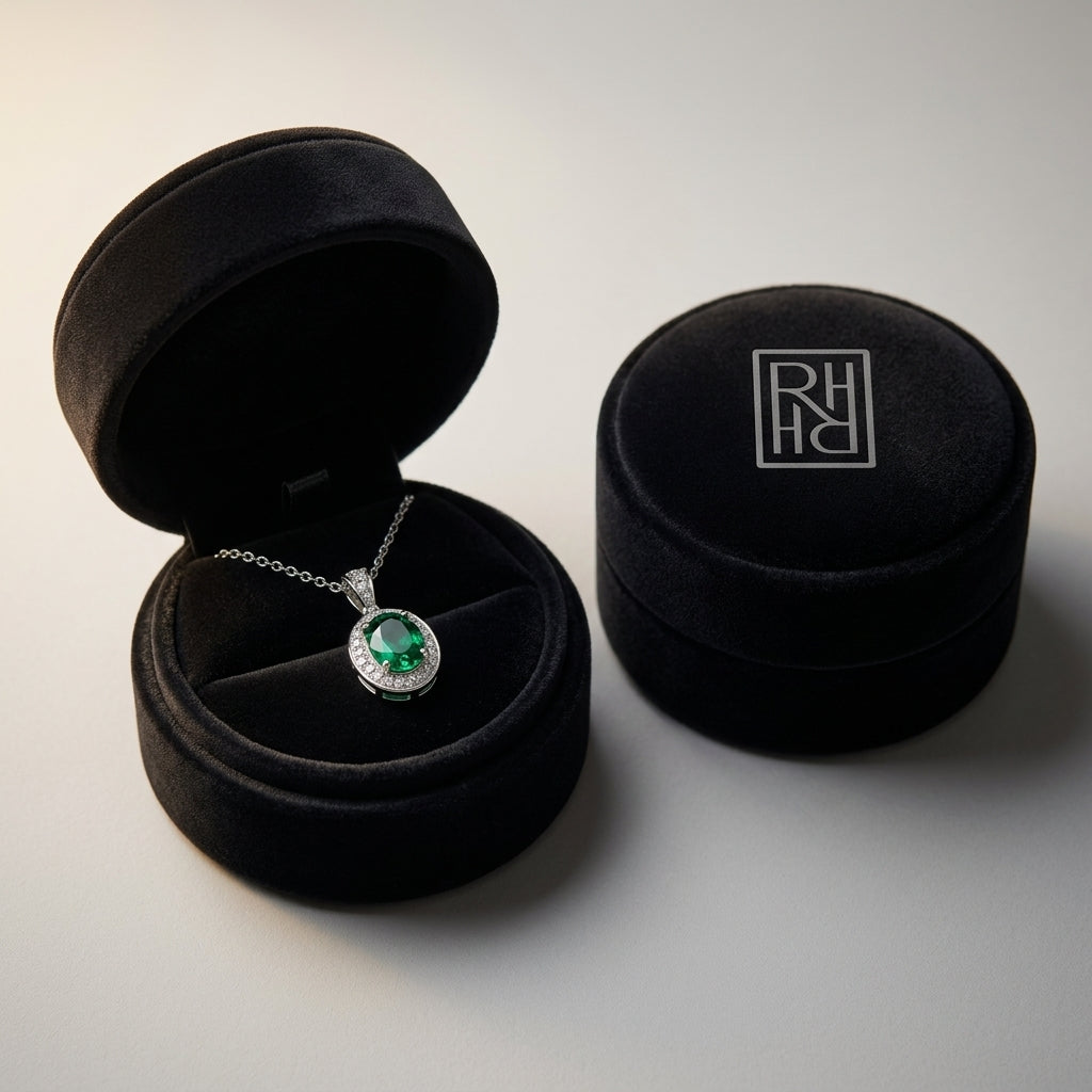 Emerald & Diamond Oval Halo Pendant 16 in Rolo Chain in 14K White Gold - presentation