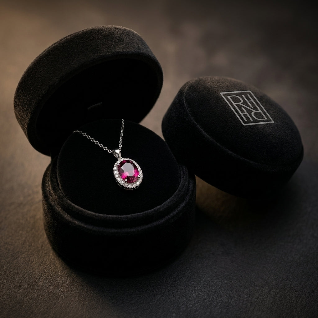Rhodolite Garnet & Diamond Oval Halo Slide Pendant 18-20in Adjustable Chain in 14K White Gold - presentation