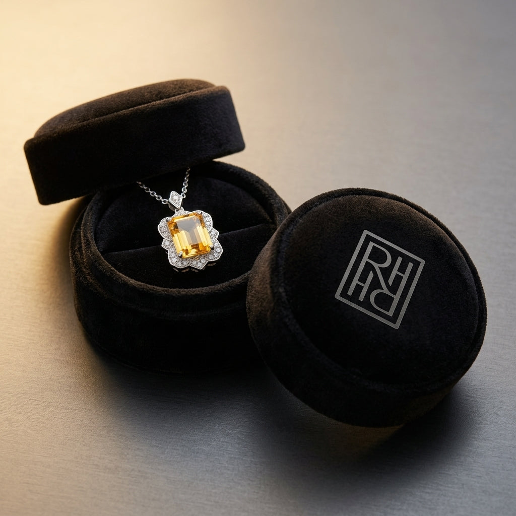 Citrine Emerald Cut & Diamond Pendant in 14K White Gold - presentation