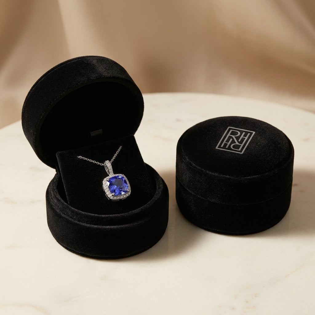 Cushion Tanzanite & Diamond Pave Pendant in 14K White Gold - presentation
