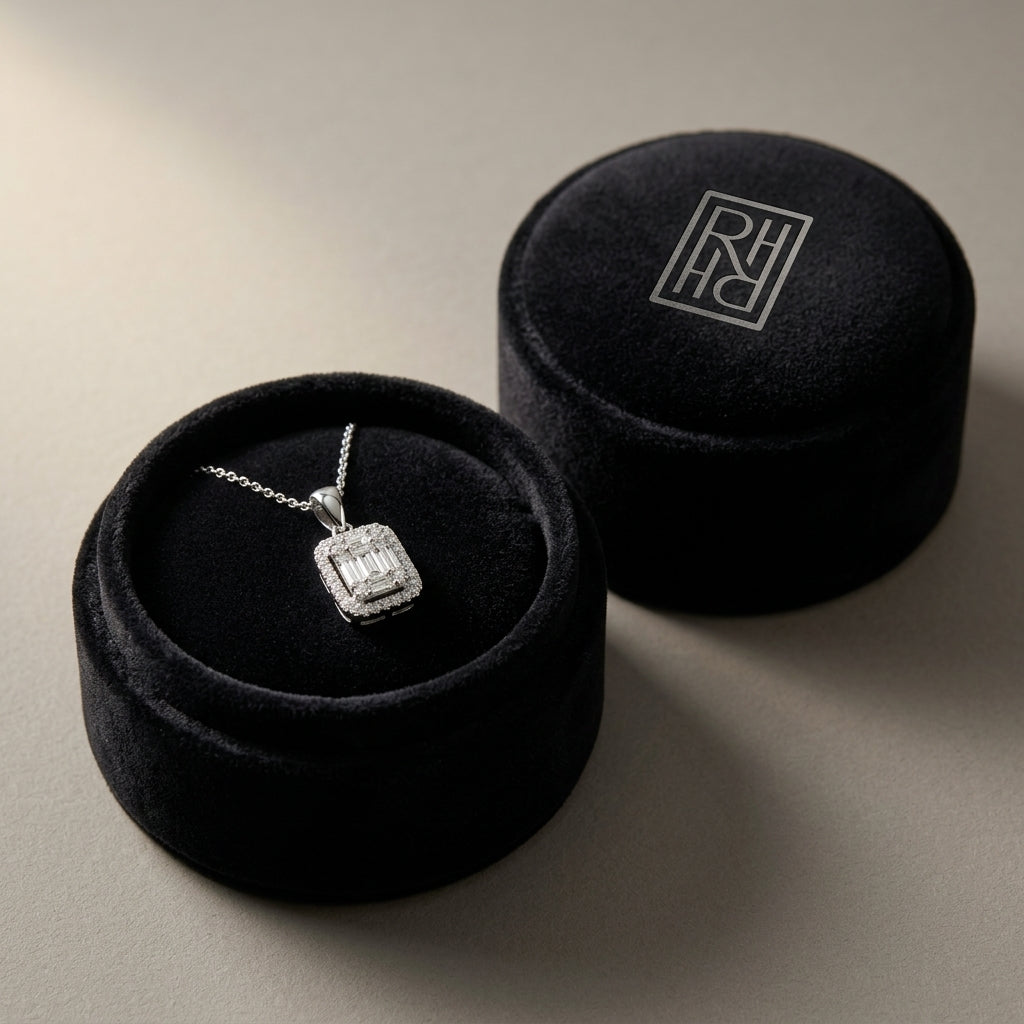 Diamond Baguette & Round Illusion Emerald-Cut Halo Pendant with Solid Bail in 14K White Gold - presentation