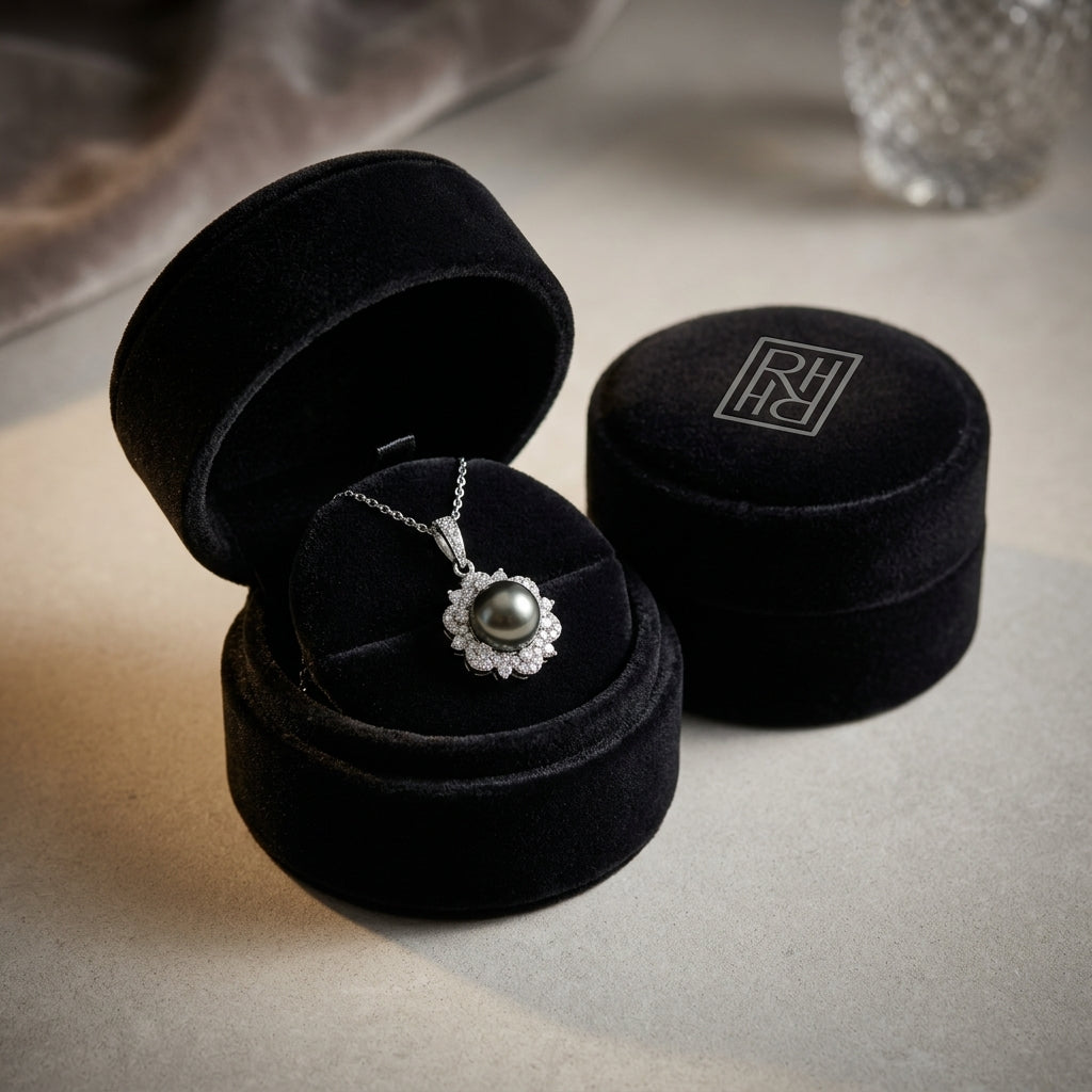 Black Pearl & Diamond Pendant with Arabesque Border in 14K White Gold - presentation