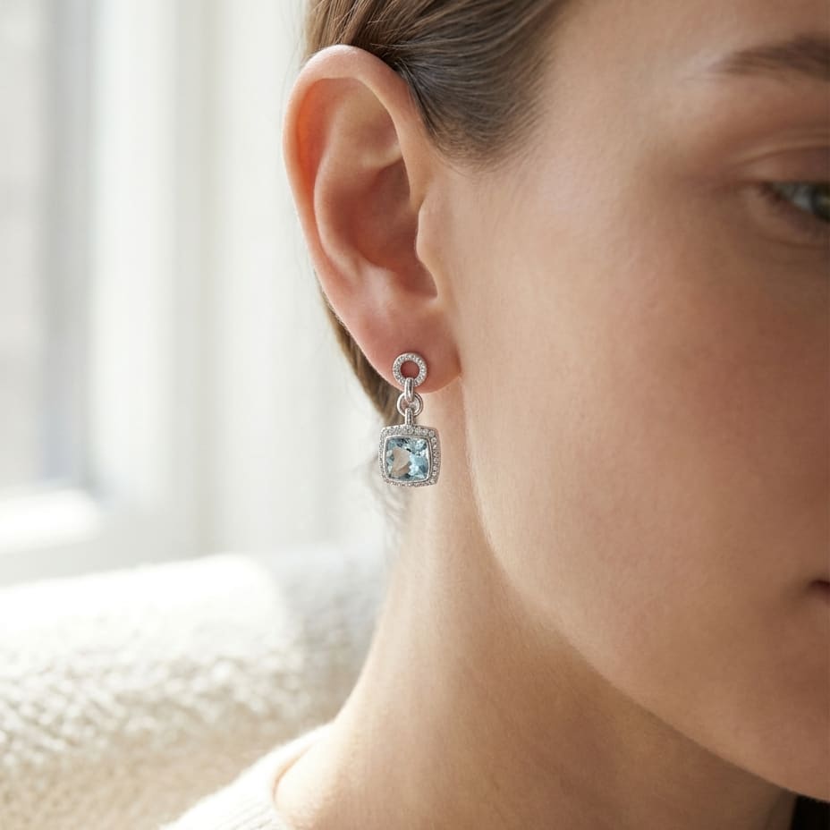 ต่างหูอความารีน ตัวเรือนทองคำขาว 14K จาก RockHer
