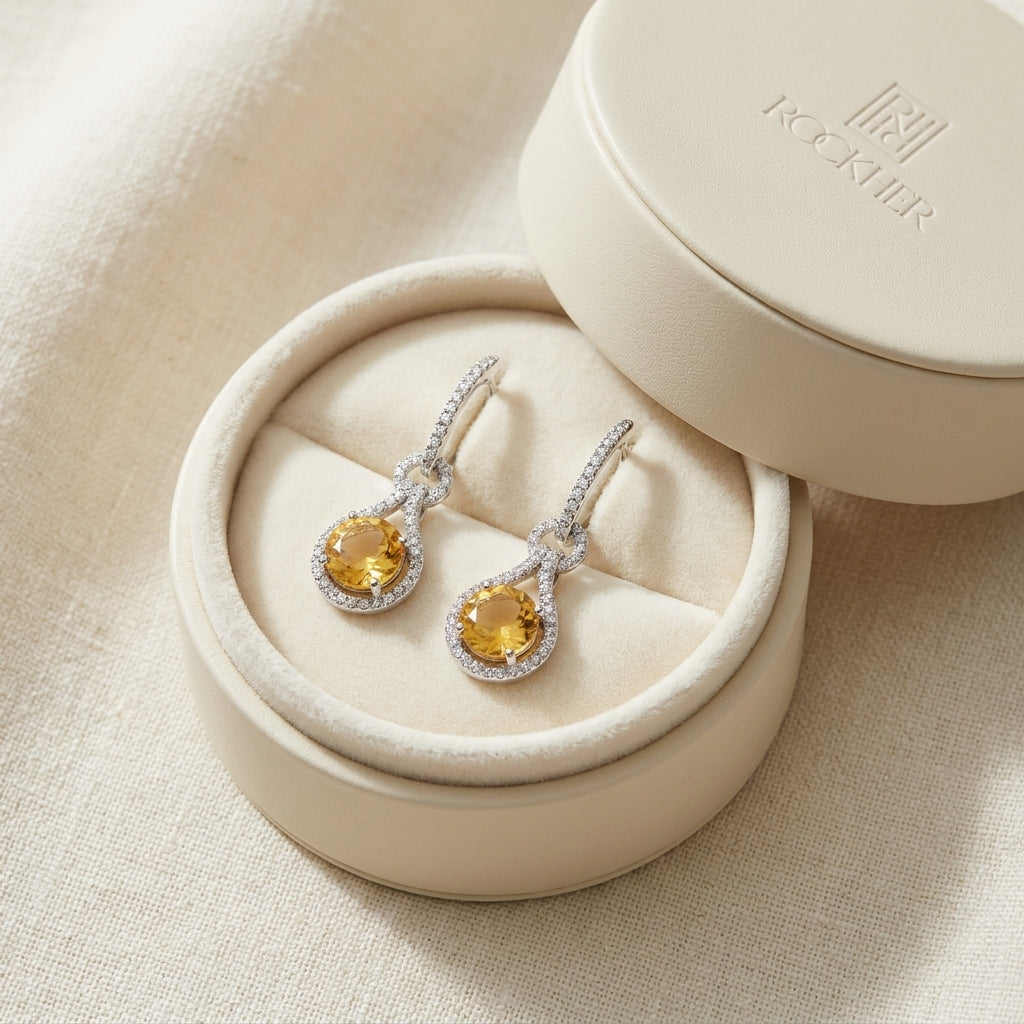 ต่างหูซิทริน ทรงกลม ตัวเรือนทองคำขาว 14K จาก RockHer