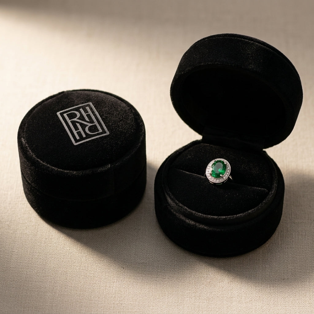 Emerald Oval & Diamond Earrings in 14K White Gold - presentation