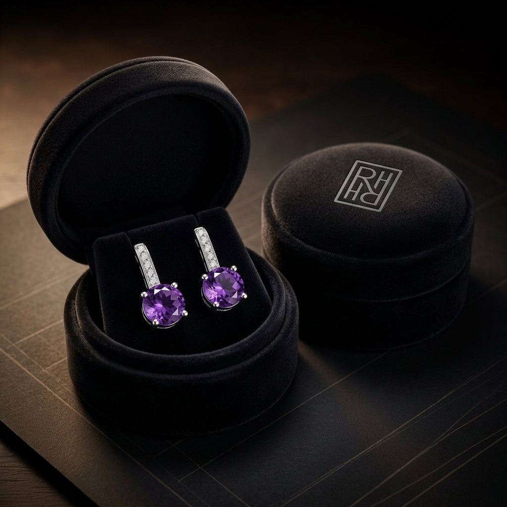 Amethyst & Diamond Drop Earrings in 14K White Gold - presentation