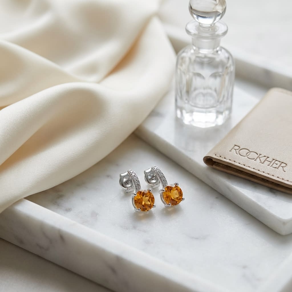 ต่างหูซิทริน ตัวเรือนทองคำขาว 14K จาก RockHer