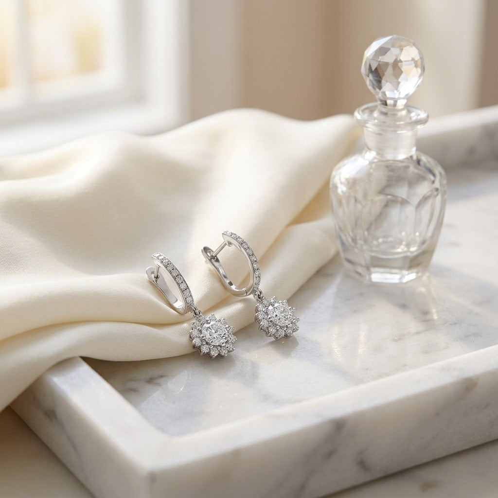 Diamond Sunburst Drop Earrings in 14K White Gold - lifestyle