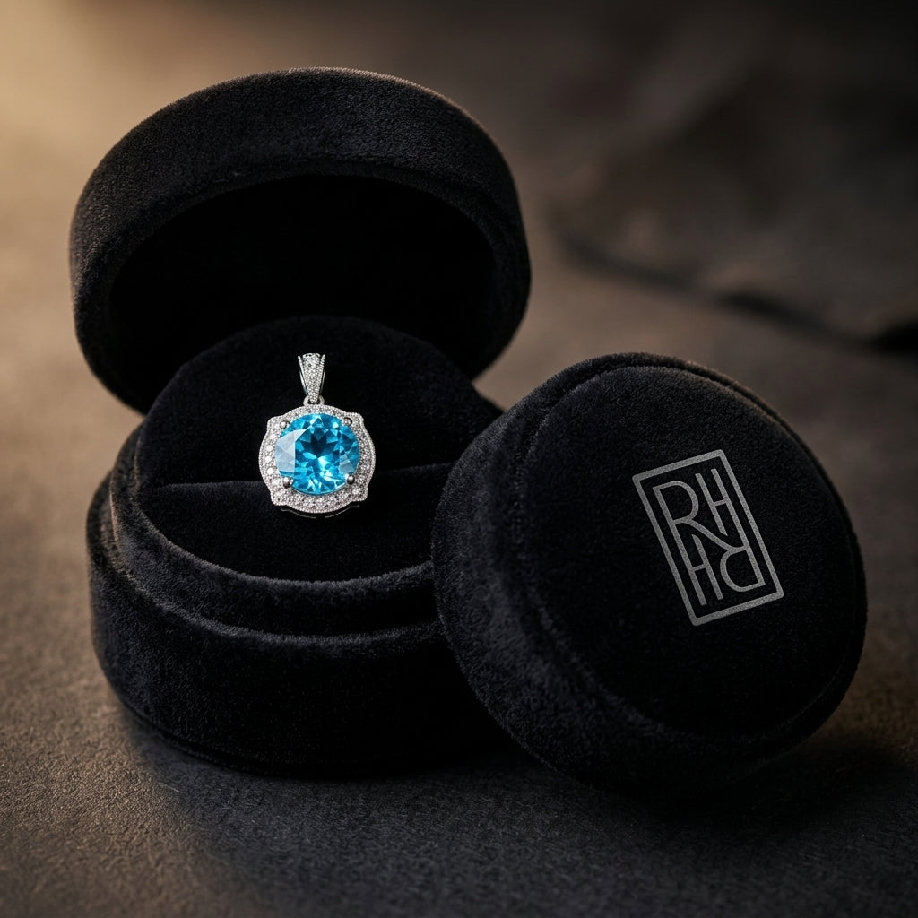 Blue Topaz & Diamond Round Halo Pinched Corner Earrings in 14K White Gold - presentation